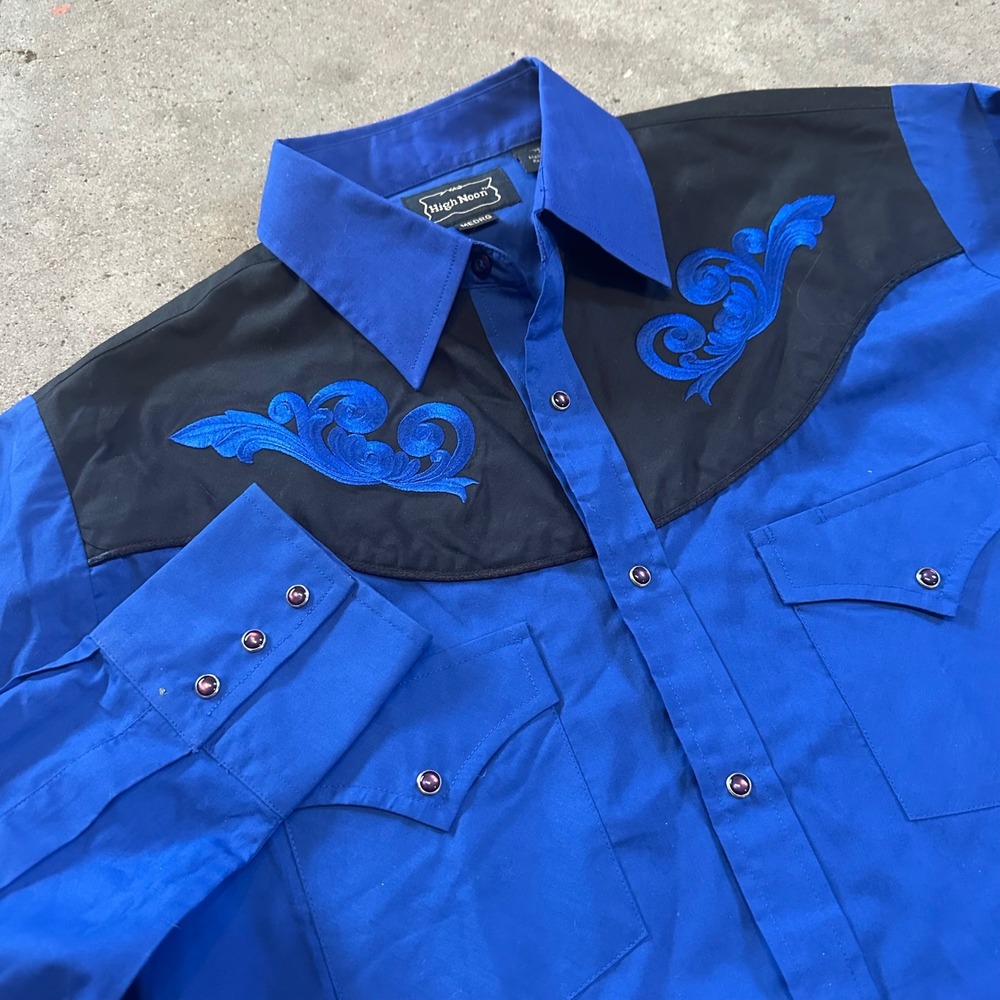 Vintage High Noon Western Shirt Mens M Reg Blue Black Embroidered Pearl Snap LS